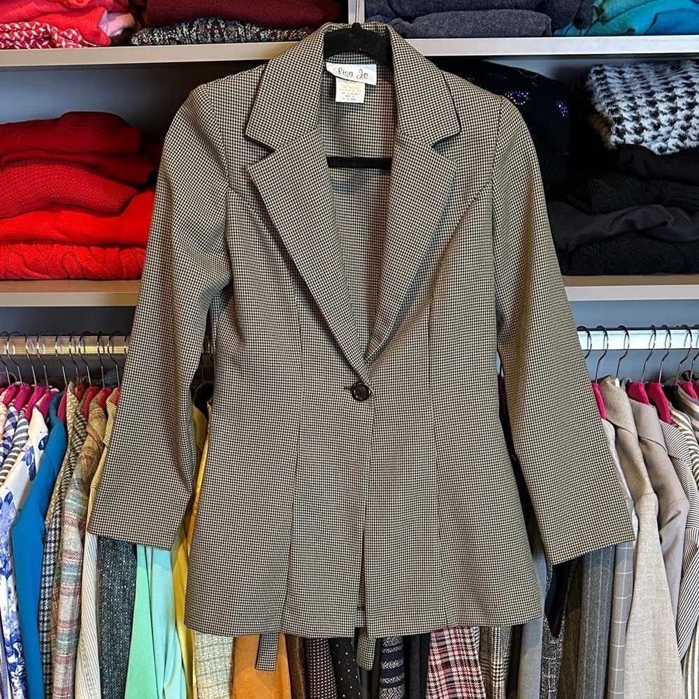 Vintage Lisa Jo green/black checkered one button closure back tie blazer size 3
